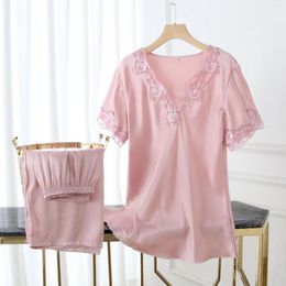 Women's Sleepwear 2023 Summer Pajamas Sets Ice Silk Sexy Nightgown Short Sleeve Trousers 2Pcs Suit Thin Loose Home Wear