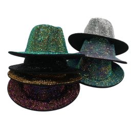 Rhinestone Jazz Fedora Hats Wide Brim Cowboy Hat for Women Men Shiny Handmade Diamond Retro Felt Top Hat