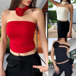 Women's Tanks 3D Flower Fitted Cropped Tops Off Shoulder Sexy Tube Halter Fashion Simple Y2K Style European Summer Clothes