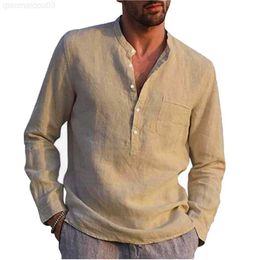 Men's Casual Shirts Hot Sale Cotton Linen Shirts Men Long-Sleeved Summer Solid Color Stand-Up Collar Casual Beach Style Plus Size 2023 New Fashion L230813