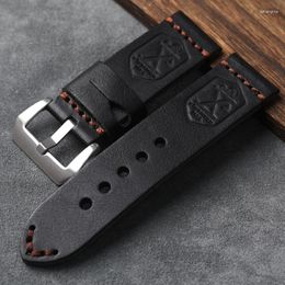 Watch Bands Handmade Leather Watchband 20 22 24 26MM Black First Layer Cowhide Pair Of Folded Unclipped Rugged Men's Bracelet