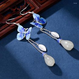 Dangle Earrings 925 Silver Enamel Tassel Blue Butterfly For Women Exquisite Long National Style Natural An Jade Orchid Jewelry Gift