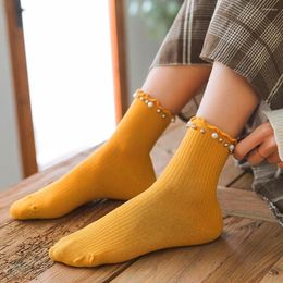 Women Socks Cute Pearl Frilly Ruffle Cotton Japanese Fashion Woman Crew Female Calcetines De La Mujer