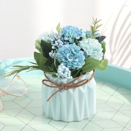 Decorative Flowers Artificial Bonsai Silk Hydrangea Flower With Vase Fake Plants Potted Ornament For Home Desktop Decoration Supplies AQ127