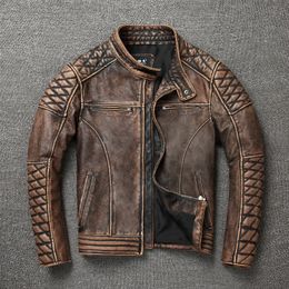 Men's Jackets Men's Vintage Motorcycle Jacket Stand Collar Natural Cowhide Jacket Classic Top Layer Cowhide Moto Suit Biker Clothing 230812