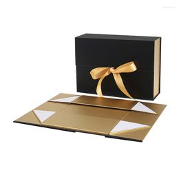 Gift Wrap Luxury Black Gold Wedding Boxes With Magnetic Double-sided Lid Ribbon Box Packaging For Father Day Engagements Grooms Gifts