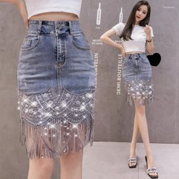 Skirts 2023 Casual Loose Jeans Mini Skirt High Waist Pearl With Diamond Denim Shorts Women Spring Summer Fashion SequinTassel Clothing