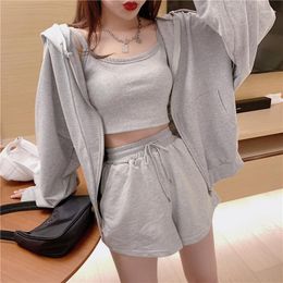 Women's Sleepwear Summer 3 Pcs Pajama Set Solid Hooded Korea Style Ladies Long Sleeve Loose Loungewear Homewear For Female