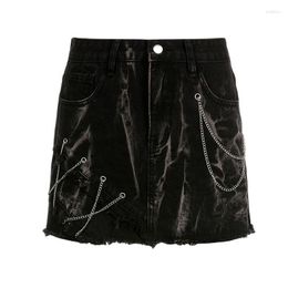 Skirts Punk Tie Dyed Chain Denim Short Skirt Black Y2k Women's High Waist A-line Old Wrapped Hip