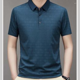 Men's Polos 2023 Luxury Summer High-end Business Casual Seamless Ice Silk Fabric Lapel Polo Shirt Short-sleeved Striped Printed M-4XL