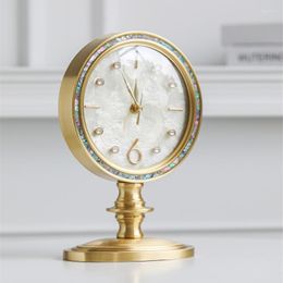 Table Clocks Retro Light Luxury Brass Clock Fashionable Colourful Shell Desktop Home Silent Decorative Ornament