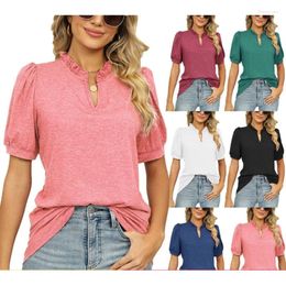 Women's T Shirts Women Ruffle V-Neck Puff Short Sleeve T-Shirt Casual Loose Solid Colour Tunic Top