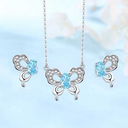 New S925 Sterling Silver Light Luxury Ice Flower Stone Poetry Heart Butterfly Dream Necklace Collar Chain Pendant Earnail Set