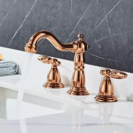 Basin Faucet Brass Rose Gold Widespread Bathroom Faucet Antique Sink Faucets 3 Hole Hot And Cold Gold Water Faucet Tap