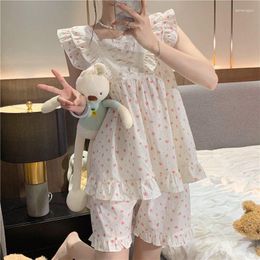 Women's Sleepwear Summer Cotton Women Pyjamas Korean Floral Nightgown Sweet 2-Piece Set Girls Home Clothes Kawaii Loose Ladies Pyjama