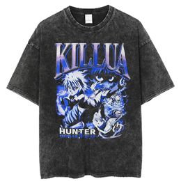 Mens T-Shirts Vintage Washed Tshirts For Men Hunter X Hunter Hxh Killua Anime Graphic T Shirt Women Harajuku Oversize Tee Cotton Streetw 6348