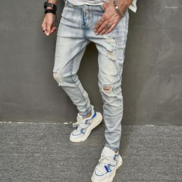 Men's Jeans Streetwear Youth Personality Pencil Pants Male Light Blue Washed Retro Ripped Beggar Slim Fit Stretch Denim Trousers