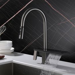 Single Hole Waterfall Kitchen Faucets 304 Stainless Steel With Toughened Glass Pull Out Spray Mixer Kitchen Sink Faucet