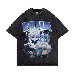 Mens T-Shirts Vintage Washed Tshirts For Men Hunter X Hunter Hxh Killua Anime Graphic T Shirt Women Harajuku Oversize Tee Cotton Streetw 5630