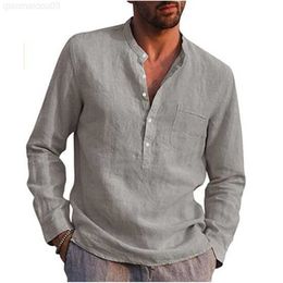 Men's Casual Shirts Hot Sale 2023 New Fashion Cotton Linen Long-Sleeved T Shirt Men Summer Solid Color Stand-Up Collar Casual Beach Style Plus Size L230813
