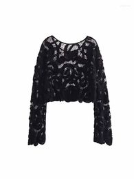 Women's Sweaters Women Fashion Stripe Hollowed Out Design Crochet Knitted Cropped Tops Vintage O Neck Long Sleeve Female Pullovers Chic