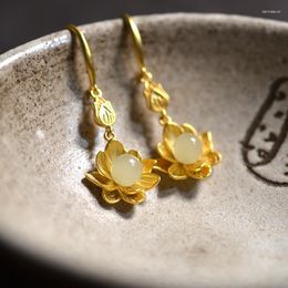 Dangle Earrings Designer Original Lotus Flower For Women Fresh And Retro Inlaid Natural An Jade Bead Ancient Gold Craft Jewellery