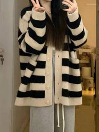 Women's Knits Autumn Striped Cardigan Women Korean Style Knitted Sweaters Female Casual Loose Cardigans Ladies Vintage Single Breasted Coats