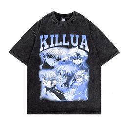 Mens T-Shirts Vintage Washed Tshirts For Men Hunter X Hunter Hxh Killua Anime Graphic T Shirt Women Harajuku Oversize Tee Cotton Streetw 1557