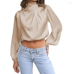 Women's T Shirts Top Women Satin T-shirts Crop Spring Autumn Clothes Chic And Elegant Off Ladies High Neck Long Sleeve Tees Streetwear