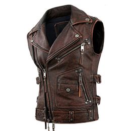 Men's Jackets Vintage Brown Motorcycle Vests Men Natural Cowhide Genuine Leather Jacket Sleeveless Riding Vest Motor Biker 230812