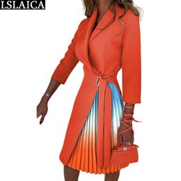 Basic Casual Dresses Womens Pleat Promotion Clothing Turndown Collar Short Colorblock Elegant Chic Laceup Long Sleeve Dress 230812