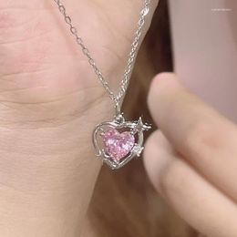 Pendant Necklaces Pink Peach Heart Water Drop Necklace Jewellery Crystal Girl Sweet Cool Clavicle Chain Aesthetic Y2k Accessories