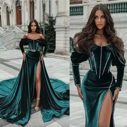 Seksi Denizkızı Gece Elbise V Boyun Uzun Kollu Süpürme Tren Uyluk yüksek Slits Perals Velvet Formal Balo Ünlü Elbise Parti Gowns Vestidos De Noche