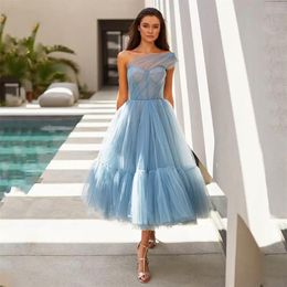 Elegant One Shoulder Sleeveless Evening Prom Dress Tulle Corset Maxi Fashions Outfits Tea-Length Homecoming Party Gown Vestidos De284f