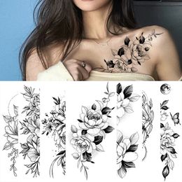 Temporary Tattoos Large Size Black Flower Pattern Fake Tattoo Sticker for Women Dot Rose Peony DIY Water Transfer Girls 230812