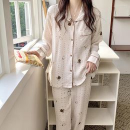 Women's Sleepwear Soft Home Autumn Long Sleeve Sweet Simple Pyjamas Set Korean Princess Elegant Casual Cotton Comfortable Kawaii