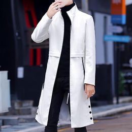 Men's Trench Coats Spring White Long Leather Jackets Mens Leather Trench Coats Stylish Overcoats Stand Collar Steampunk Fashionable Black Slim 230812