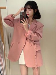 Women's Suits Women Pink Blazers Spring Autumn Outerwears Korean Fashion Two Button Lace-up Waist Loose Long Sleeve Jackets Clothing