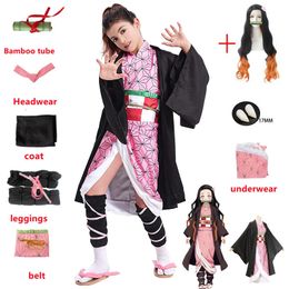 Cosplay Anime Kamado Nezuko Cosplay Costume Demon Slayer Cosplay Uniform Clothes Kimono Wig Props Set Halloween Costume for Kids Adult 230812