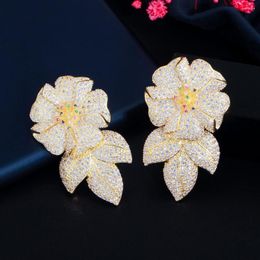 Dangle Earrings ThreeGraces Shiny Micro Pave Cubic Zirconia Gold Colour Big Flower Drop For Women Fashion Brazilian Party Jewellery ER973