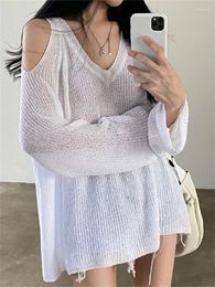 Women's Sweaters Thin Knitted Women Autumn Off Shoulder Knitwears Ladies Korean Chic V Neck Pullover Female Casual Loose Sunscreen Tops