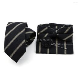 Bow Ties Classic Cotton Striped Black Necktie Handkerchief Bowtie Brooch Set Suit For Groom Business Wedding Party Accessories Gifts