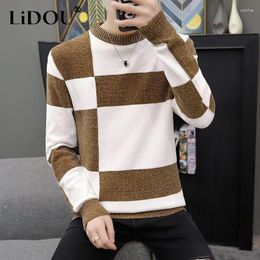 Men's Sweaters 2023 Autumn Winter Fashion Round Neck Long Sleeve Contrast Color Plaid Sweater Man High Street Loose Casual All-match