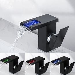 Brass Waterfall Black Bathroom Faucet Single Hole Bathroom Sink Faucet Hot and Cold Colour Changing Mixer Tap