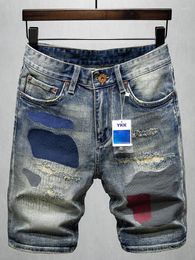 Men's Jeans Summer Blue Ripped Denim Shorts Men Streetwear Casual Geometry Patches Slim Fit Short