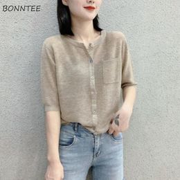 Women's Sweaters Cardigan Women Solid Thin Summer Short Sleeve Allmatch Ulzzang Fashion Chic Casual Elegant Female Daily Retro Simple Oneck 230812