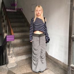 Skirts Harajuku Y2K Ruched Drawstring Grey Maxi Korean Fashion Women Cargo Skirt Retro Solid Colour Casual Long Streetwear