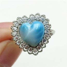 Cluster Rings Namibia Natural Larimar Blue Dominia Heart Adjustable Ring 10x10mm Water Pattern Love 925 Sterling Silver