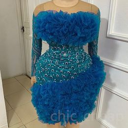 2023 Blue Sheath Graduation Dress Beaded Crystals Ruffles Mini Homecoming Party Formal Cocktail Prom Bridesmaid Gowns Dresses ZJ426