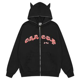 Men's Jackets Men's Devil Horn Hat Design Autumn Jacket Letter Print Hip Hop Streetwear Hoodie Loose Zip Casual Jacket Sweatshirt 230812